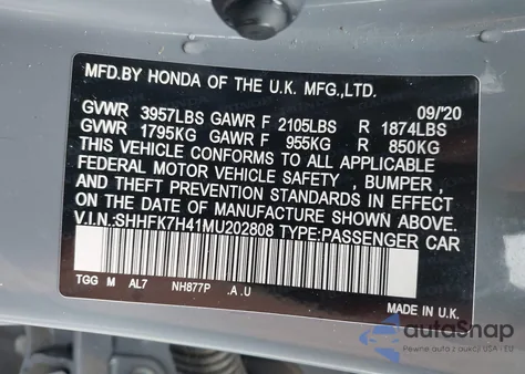 2021 Honda Civic Sport из США, поврежденный, VIN SHHFK7H41MU202808